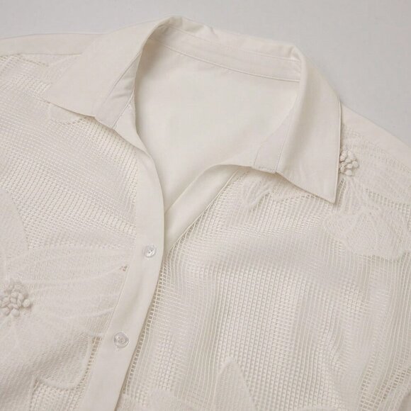 White Casual Women's Set French Romantic Hollow Embroidery Floral Outfit - Picture 8 of 15